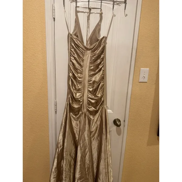 Jessica McClintock Gold Halter Evening Gown Dress Size 8 Ruched Wedding - Image 10