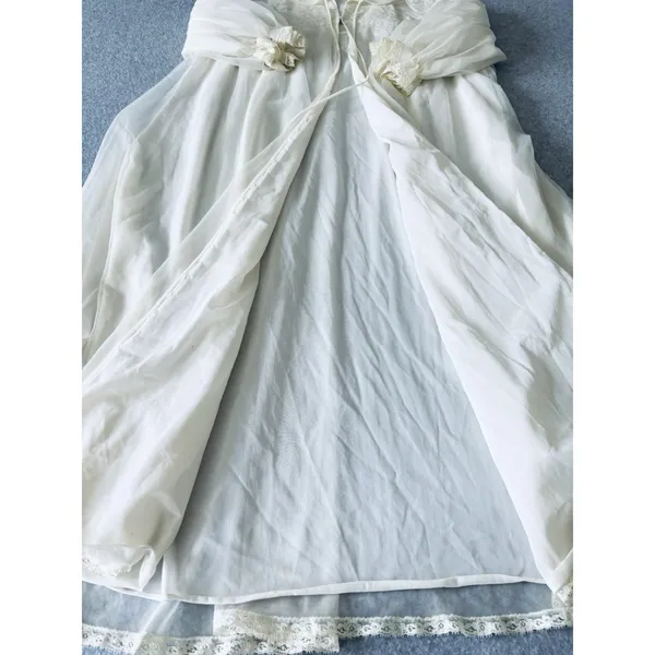 Vintage Gotham Gold Stripes‎ Ivory Lace Lingerie Robe Chiffon Puffy Sleeves - Image 9