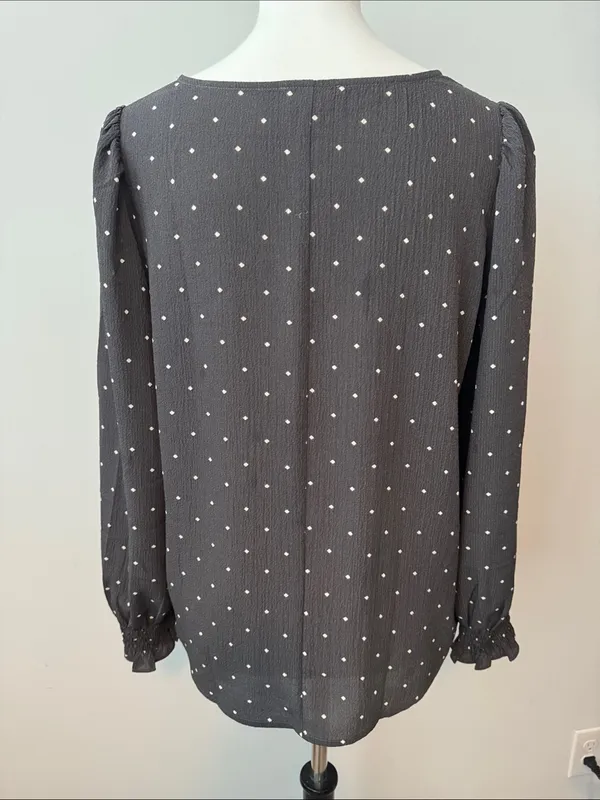 Loft V-Neck Long Sleeve Charcoal Polka Dot Blouse Top Women's Medium - Image 6