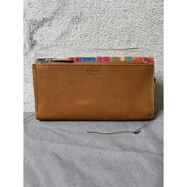 Vintage Fossil Patchwork Genuine Leather Trifold Wallet‎ Floral Tooled Boho New - Image 3