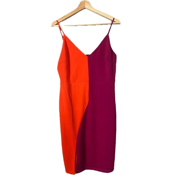 Lulus Perfect Duo Coral Red and Purple Color Block Bodycon Mini Dress Size Large - Image 2