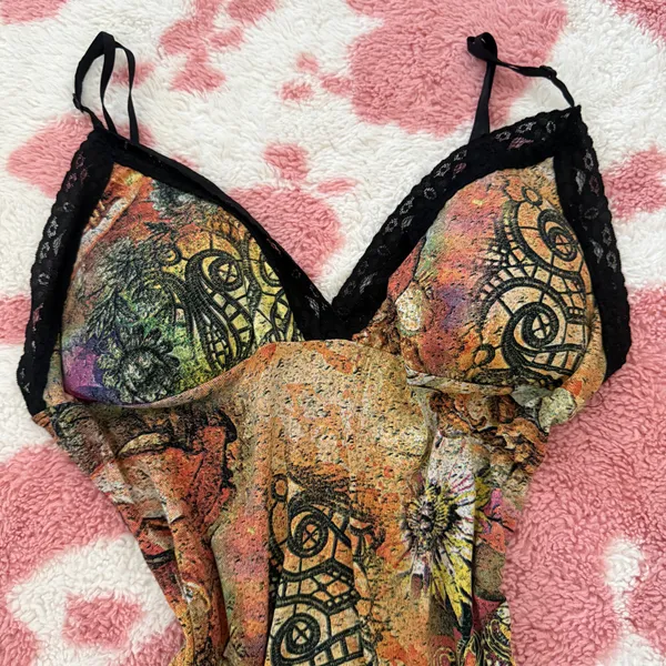 Y2K Fairy Grunge Tattoo Print Lace Cami ✮ Slit Hem Boho Corset Top Small - Image 5
