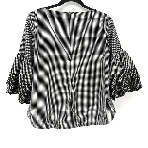 Lauren Ralph Lauren Blouse Gingham Black White Embroidered Bell Sleeve Top M/L - Image 6