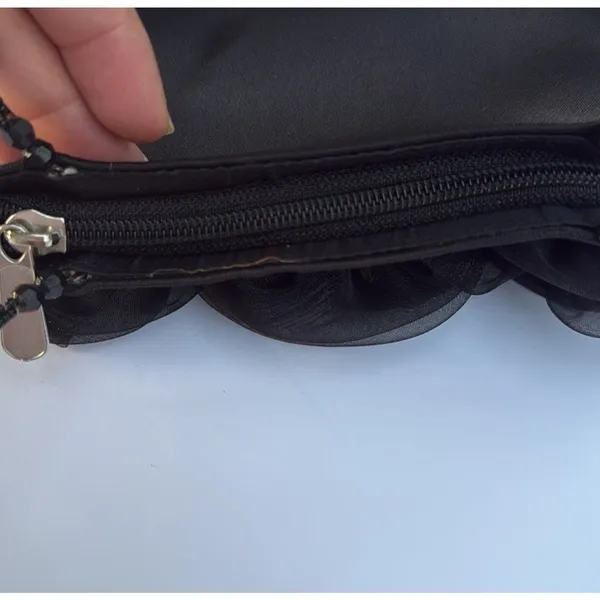 Vintage Handbag Black Rayon with Beaded Handle and Rose Detail - Image 5