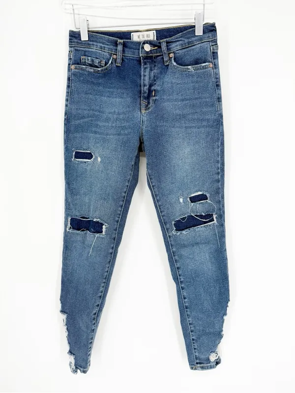 Free People About A Girl Distressed Patchwork Skinny Jeans‎ Women's 26 Blue Boho - Image 3