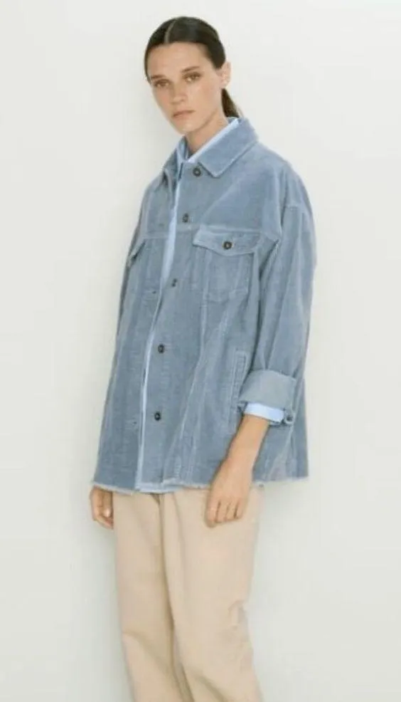 Zara Oversized Corduroy Trucker Jacket Womens XS Baby Blue Raw Hem Gorpcore 90s - Image 3
