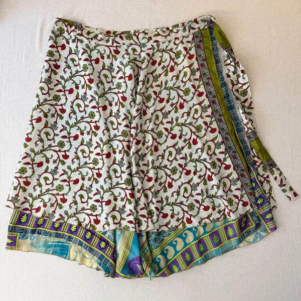 Reversible boho Silk Wrap Skirt Womens OS Turquoise Gold Floral Maxi - Image 8