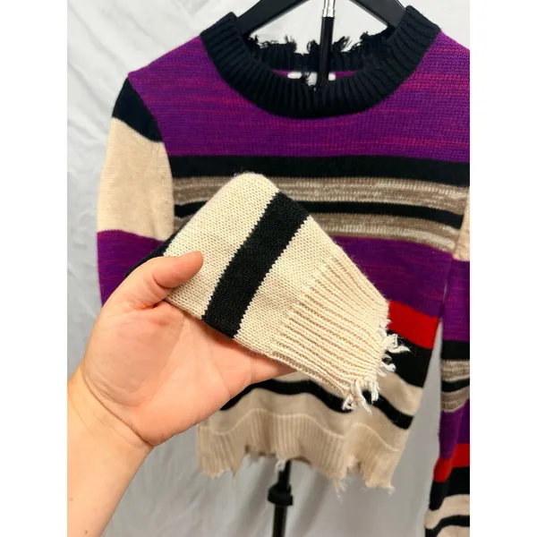 Lovers + Friends Destroyed Chunky Striped Knit Distressed Wool Cashmere Sweater - Image 5
