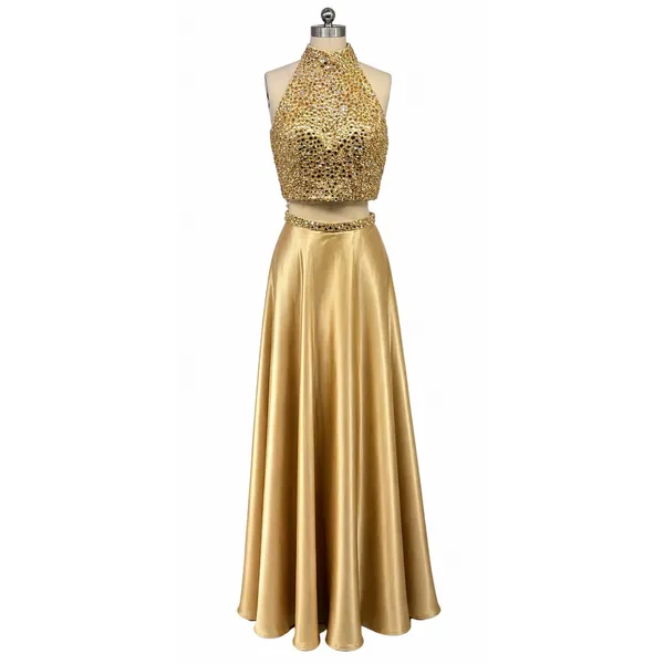 NWT Sherri Hill Gold Two Piece Halter High Slit Gown‎ Dress Size 6 Prom Formal - Image 2
