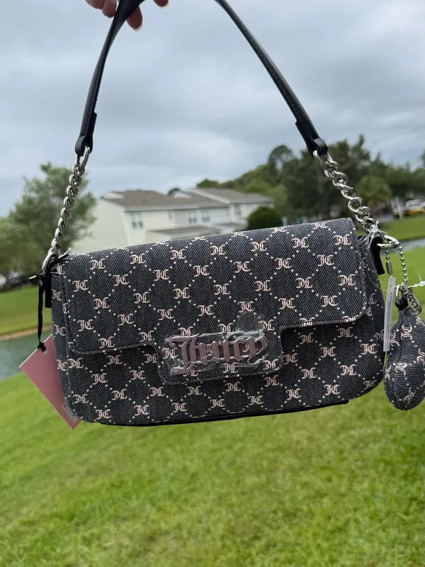 Juicy Couture Black Monogram Shoulder Bag Y2K Silver Chain Charm Purse NWT - Image 2