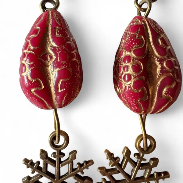 Handmade Crimson Red & Antique Bronze Snowflake Drop Earrings - Image 3