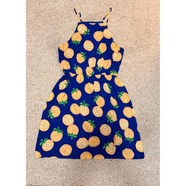 Everly Blue Orange Citrus Print Halter Dress Womens Small Vacation Resort Beach - Image 2