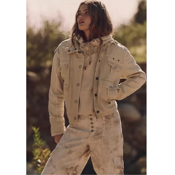 Free People Bohemian Kali Washed Utility Military Canvas Jacket Neutral Medium - Image 4