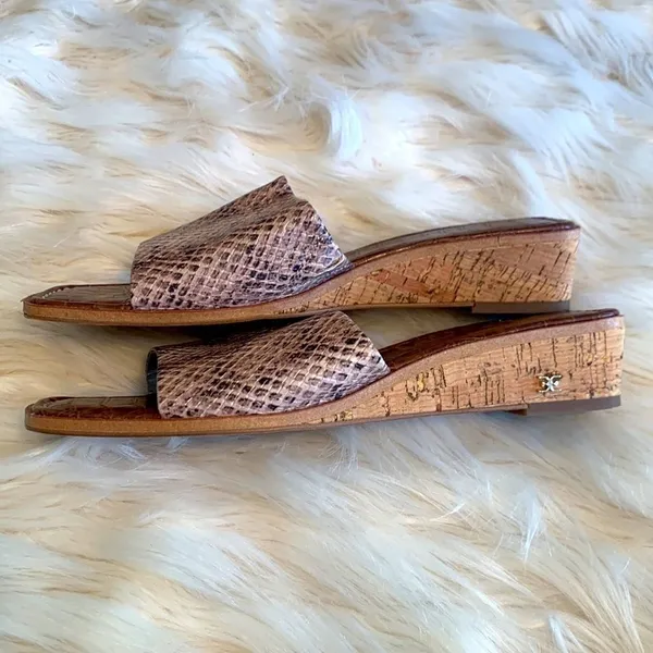 SAM EDELMAN Beige Snakeskin Valery Square Toe Wedge Slip On Slides Sandals 8 M - Image 2