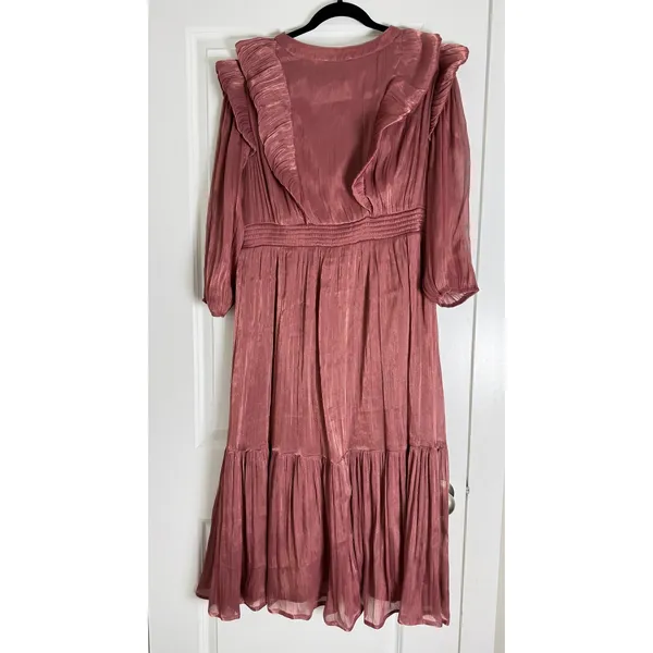 Polagram‎ Mauve Rose Pleated Metallic Ruffle Midi Dress 2XL Long Sleeve Smocked - Image 2