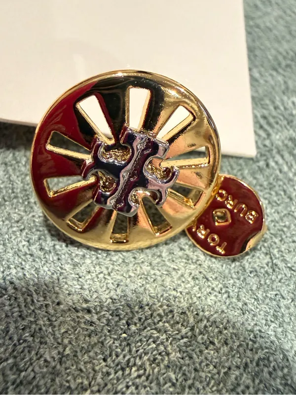 Tory Burch | Gold Plated | Gold and Silver Logo Round Stud Earrings - Image 3