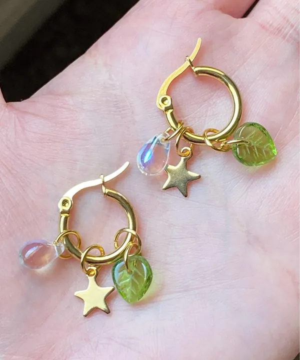 Handmade cute retro cottage fairy Czech glass beads mix unique hoop earrings🌟🌿 - Image 5