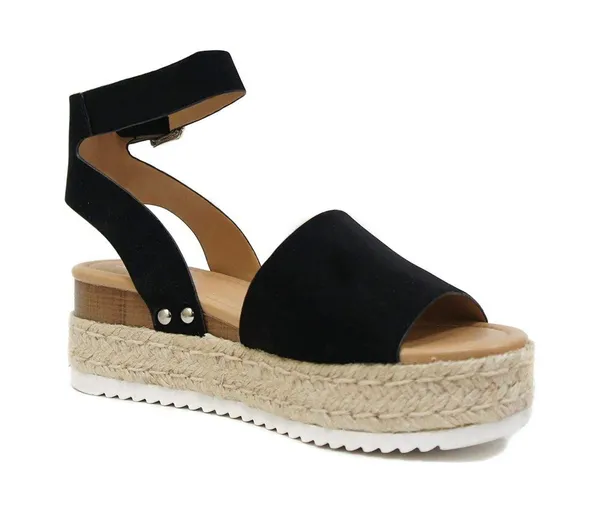 SheIn Black Open Toe Buckle Ankle Strap Espadrilles Flatform Wedge Casual Sandal - Image 5