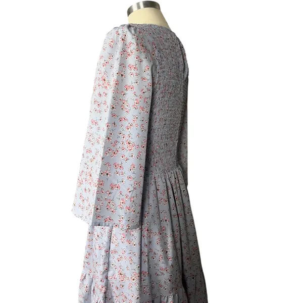 Melloday Baby Blue & Pink Smocked Bodice Tiered Floral Print Maxi Dress M - Image 4