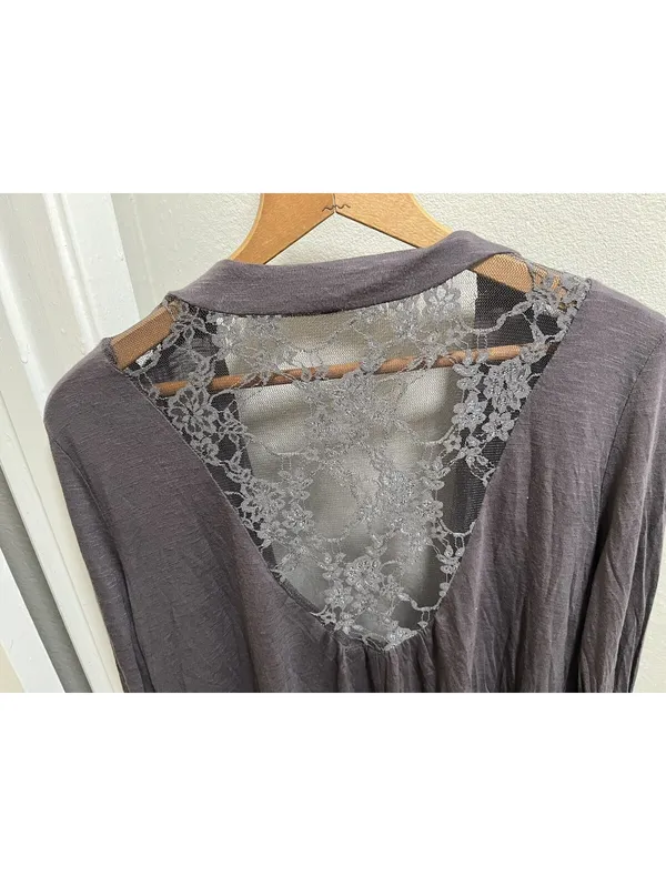 Y2K Eyeshadow Long Gray Lace Trim Open Front Cardigan Sz M - Image 4