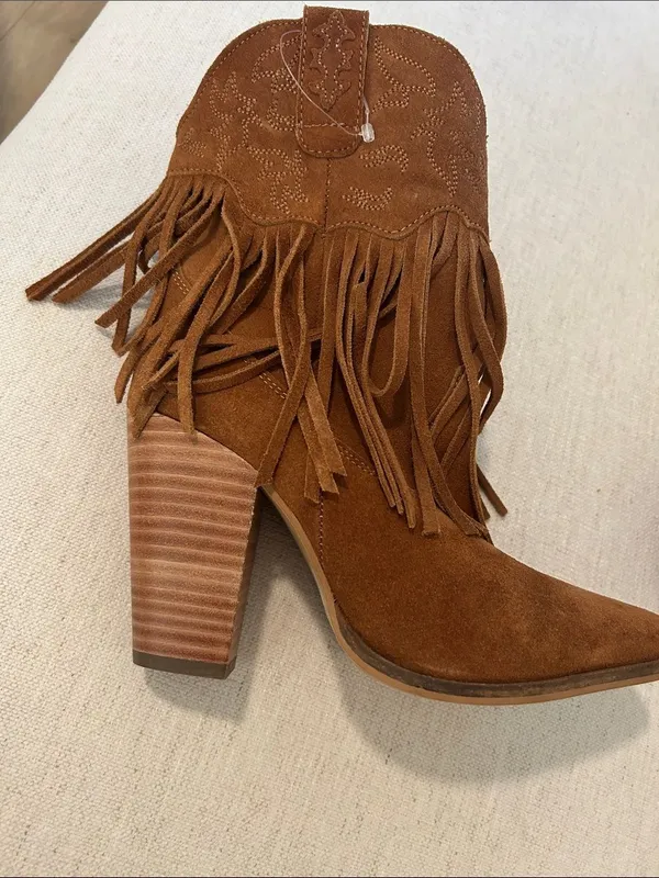 DINGO Crazy Train Fringe Embroidered Snip Toe Cowboy Booties Camel,Size 9.5 NWOT - Image 8