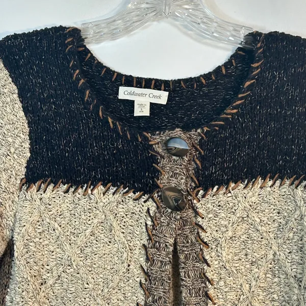 Coldwater Creek Mixed Media Cable Knit Cardigan Short Sleeve Tan Black Small - Image 3