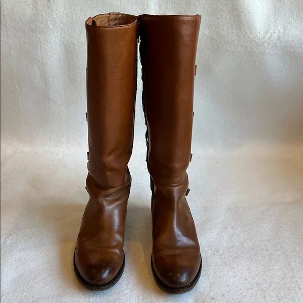 Frye Brown Leather Knee-High Boots with Suede criss cross accents size 8.5 - Image 4