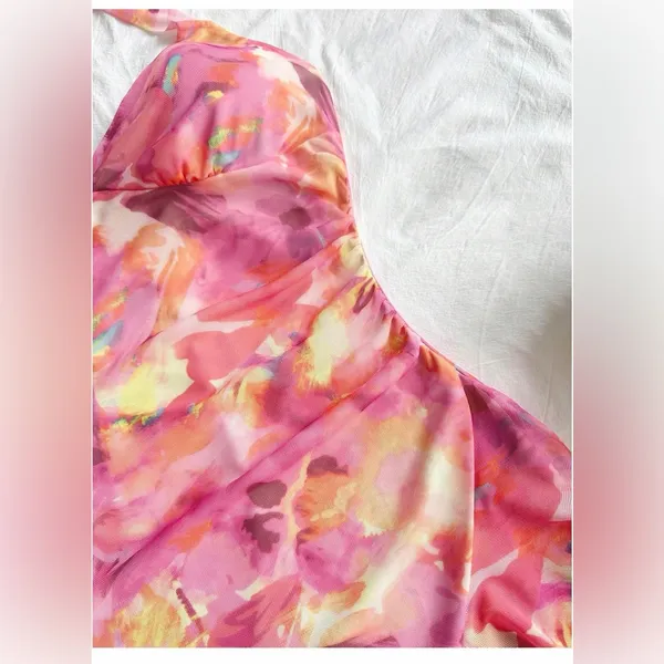 NEW Watercolor Halter Backless Ruffle Trim Bodycon Mini Dress S - Image 6