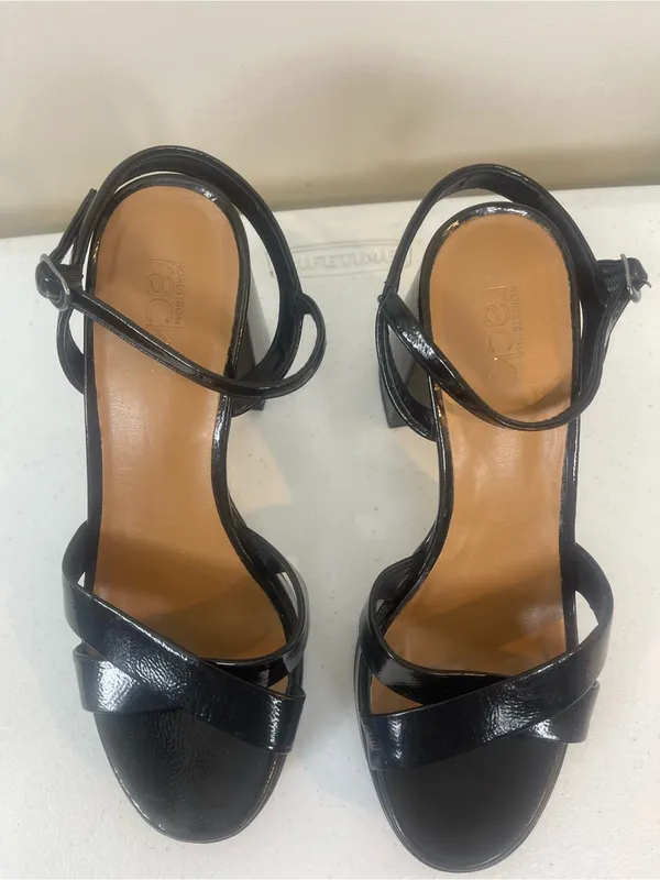 Classic Black Patent Block Heel Sandals with Ankle Strap - Image 2