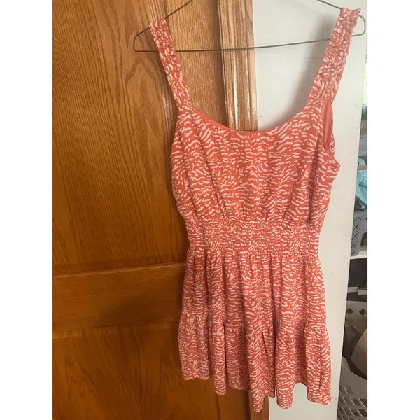 Lush Dark Coral Abstract Smocked Mini Dress Womens Small Beachy Vacation Summer - Image 2
