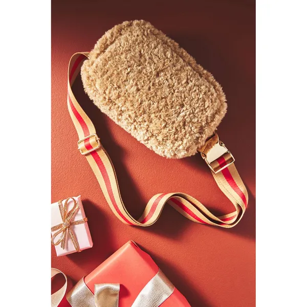 Anthropologie Sherpa Belt Bag‎ Tan Fleece Faux Shearling Crossbody Red Stripe - Image 2