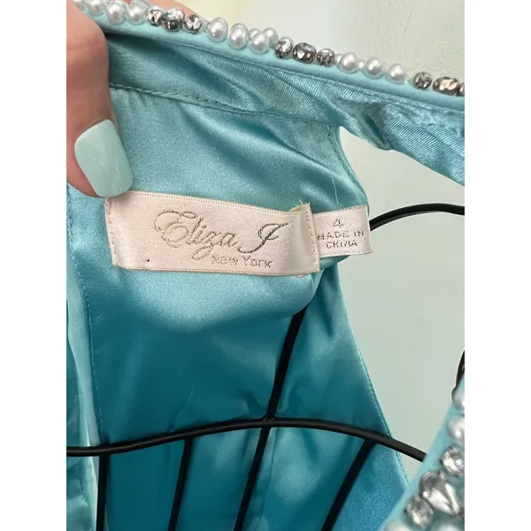 $240 ELIZA J 4 Dress Embellished Tiered Chiffon Halter‎ Gown formal AQUA Prom - Image 3