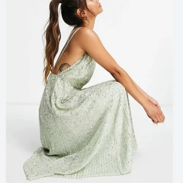 NWT ASOS Embellished Cami Midi Dress in Sage Green Sz4 A-line Fit & Flare Sequin - Image 5
