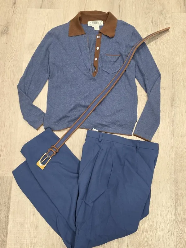Carlisle Silk Cashmere Button-Up Top Wool Pants & Leather Belt Set Blue & Brown - Image 7