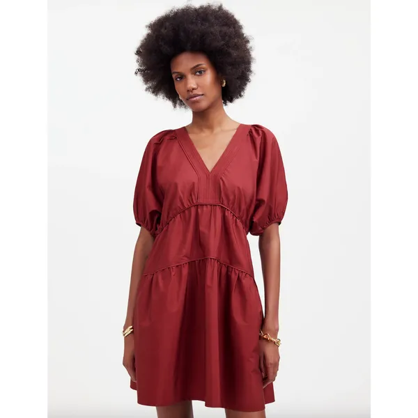 Madewell Puff Sleeve Mini Dress Poplin Claret Burgundy A Line Pockets XL NWT - Image 2