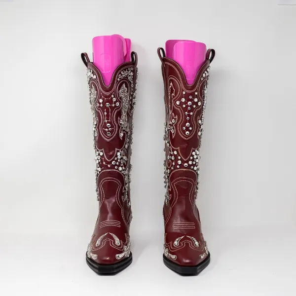 NEW Azalea Wang Maisie Crystal Jewel Rhinestone Western Boots Shoes Red 7 - Image 2