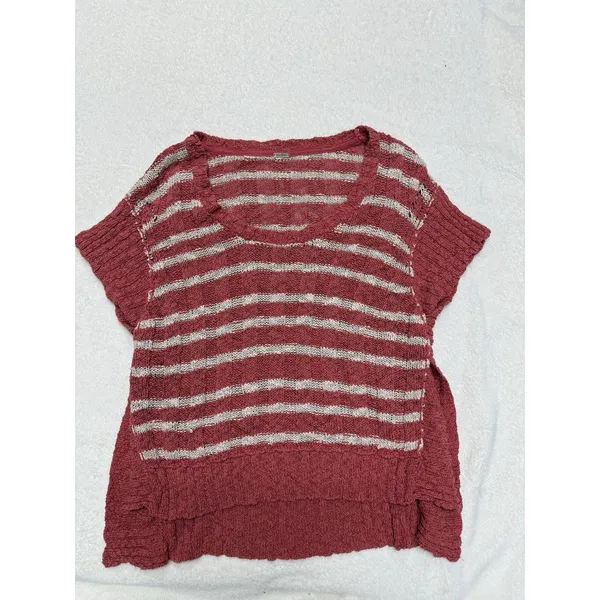 Free People Sweater Womens S Orange White Striped Crop Boxy Cap Sleeve‎ Beachy - Image 2