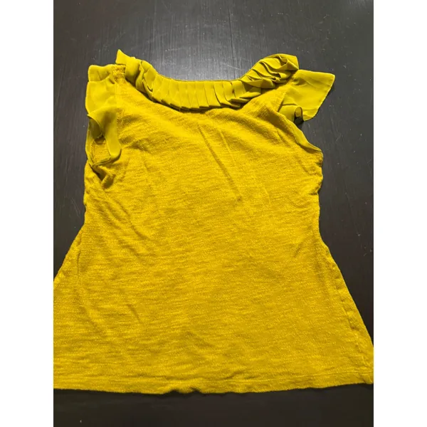 Deletta Anthropologie Mustard Yellow Pleated Ruffle Neck Knit Top Small Citron‎ - Image 4