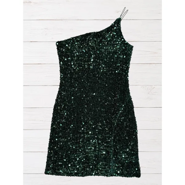 Green Sequin Homecoming Dress One Shoulder Mini Side Slit Size S Midnight Doll - Image 2