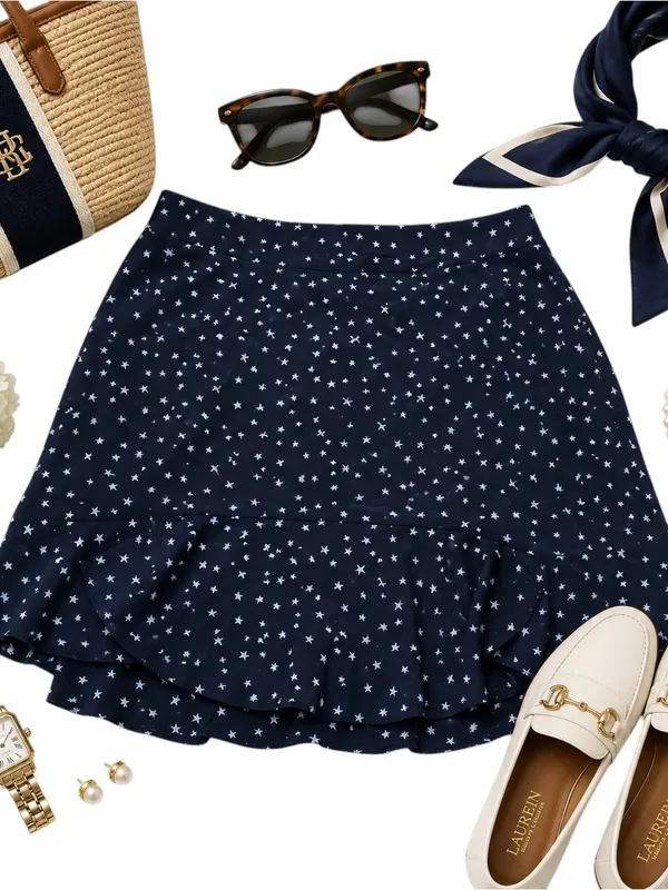 Madewell Women’s 2 Black White Star Print 100% Silk Ruffle Hem Mini Skirt G9969 - Image 2