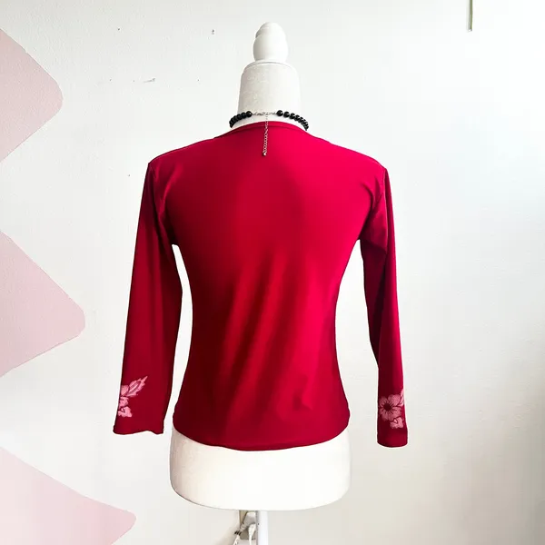 Vintage Y2K Red Glittery Floral Top‎ 2000s Glam Coquette Romantic Small - Image 2