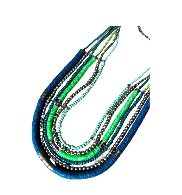 Vintage Blue and Green Multi Strand Necklace, Teal Bead Six Strand Necklace - Image 5