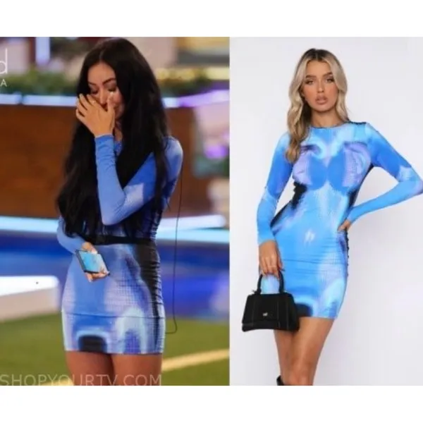 White Fox Blue Abstract Print Bodycon Mini Dress Long Sleeve Cyber Love Island L - Image 2