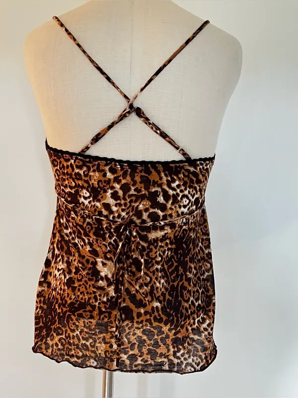 Y2K Leopard Print Spaghetti Strap Babydoll Flowy Top with black lace trim I - Image 6