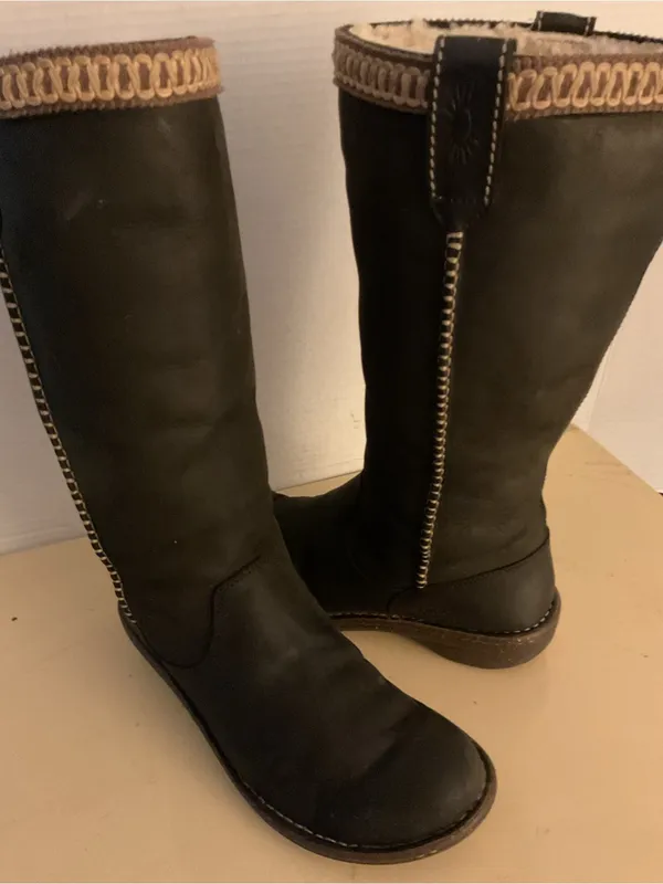 UGG women black brown leather tall Swell boots US 9 - Image 5