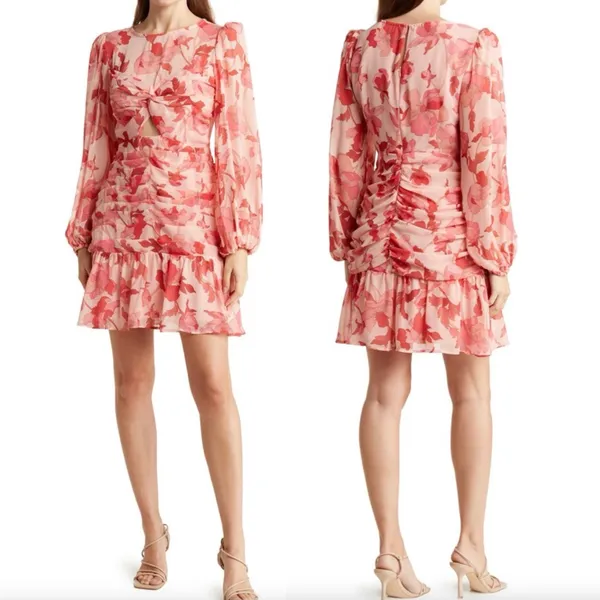 New Floral Print Twist Keyhole Front Long Sleeve Dress Pink Size XL - Image 3
