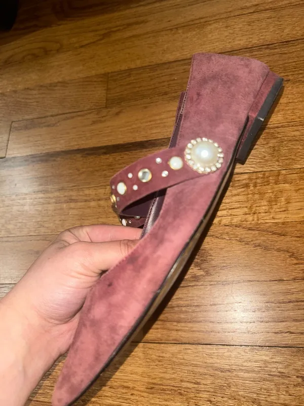Lord & Taylor Designer Merlot Suede Pointed Mary Jane Flats with Studded Straps - Image 4