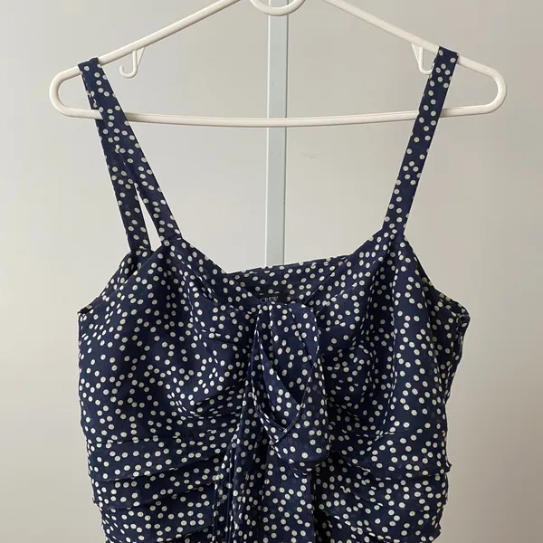 J.Crew Preppy Minimalist 4 Navy Polka Dot Silk‎ Wool Bow Front Cocktail Dress - Image 2