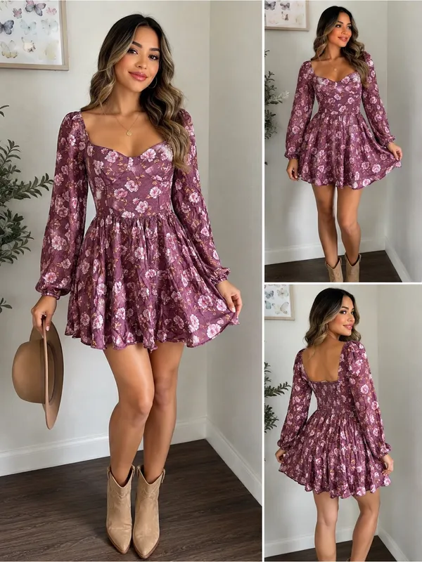 Altar’d State Floral Long Sleeve Mini Dress Mauve Size M - Image 2