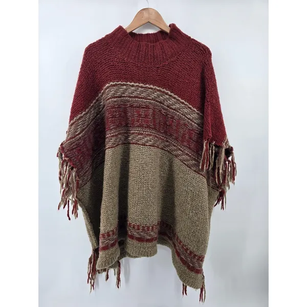 Free‎ People Poncho Sweater Womens M/L Red Tan Fair Isle Fringe Mock Neck Boho - Image 3